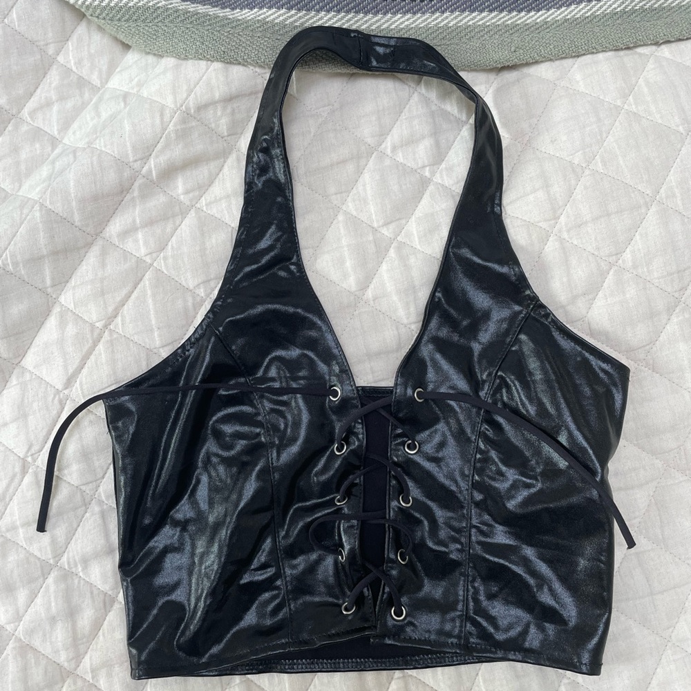 Shiny black lace up halter top